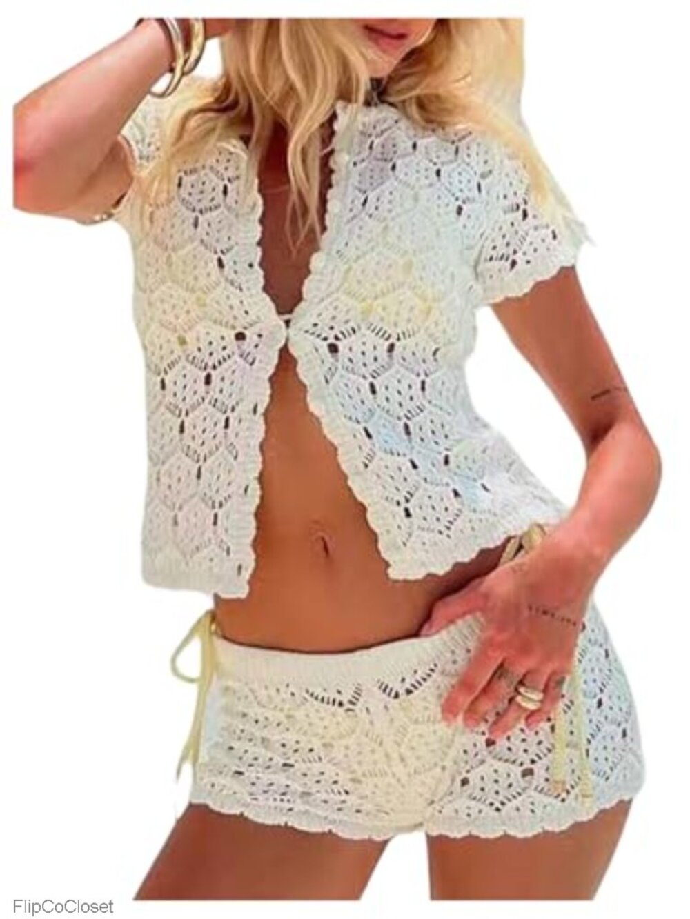Women's Crochet 2 Piece Shorts Set Button Up Cardigan High Waisted Summer